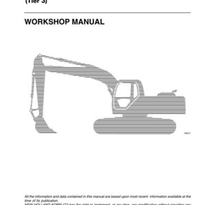 May include: A white workshop manual cover with the text "E385 (Tier 3)" and "WORKSHOP MANUAL". The cover features a line drawing of an excavator. The manual is from January 2006.