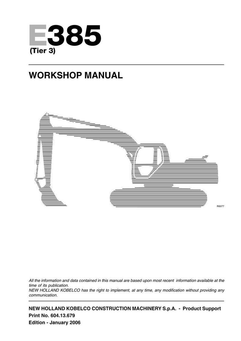 May include: A white workshop manual cover with the text "E385 (Tier 3)" and "WORKSHOP MANUAL". The cover features a line drawing of an excavator. The manual is from January 2006.