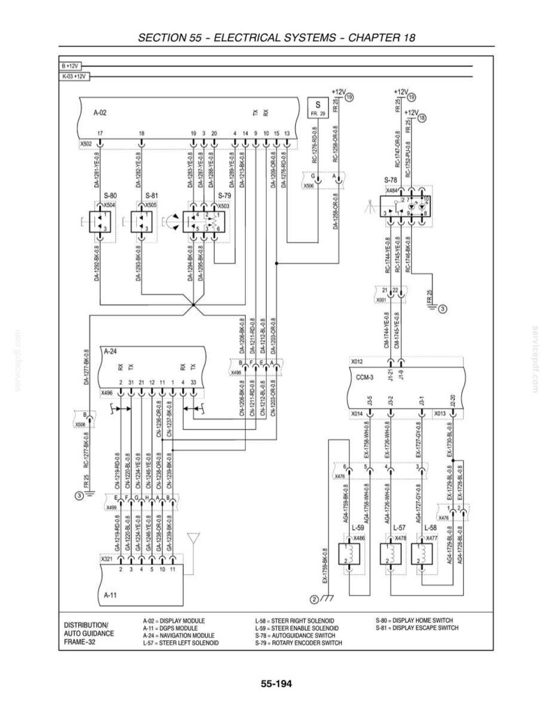 Pode incluir: Um diagrama esquem&aacute;tico el&eacute;trico t&eacute;cnico intitulado SECTION 55 - ELECTRICAL SYSTEMS - CHAPTER 18. O desenho de linha em preto e branco exibe v&aacute;rios m&oacute;dulos rotulados A-02, A-11, A-24 e CCM-3, conectados por caminhos de fia&ccedil;&atilde;o com c&oacute;digos alfanum&eacute;ricos.