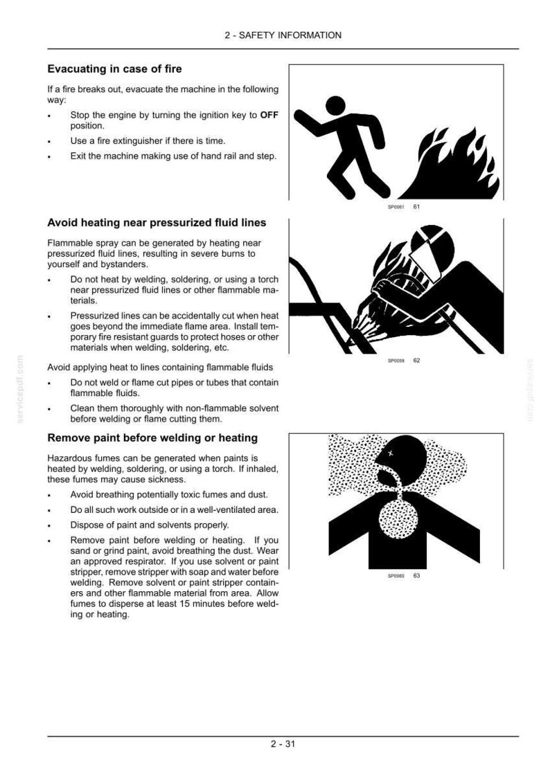 Puede incluir: Una p&aacute;gina de informaci&oacute;n de seguridad titulada 2-SAFETY INFORMATION que contiene instrucciones de texto para la evacuaci&oacute;n en caso de incendio, evitar el calor cerca de l&iacute;neas de fluido a presi&oacute;n y eliminar pintura.