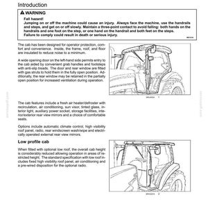 May include: A technical manual page titled 3-CONTROLS AND INSTRUMENTS, featuring text about operator platform access and two black-and-white line drawings of a tractor cab. The diagrams illustrate the cab structure, door, and roof configurations.