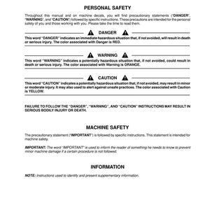 Pu&ograve; includere: Una pagina di un manuale che illustra le precauzioni di sicurezza. Include sezioni sulla sicurezza personale e delle macchine, con avvisi per "PERICOLO" (rosso), "AVVERTENZA" (arancione) e "ATTENZIONE" (giallo). Il testo sottolinea l'importanza di seguire le istruzioni.