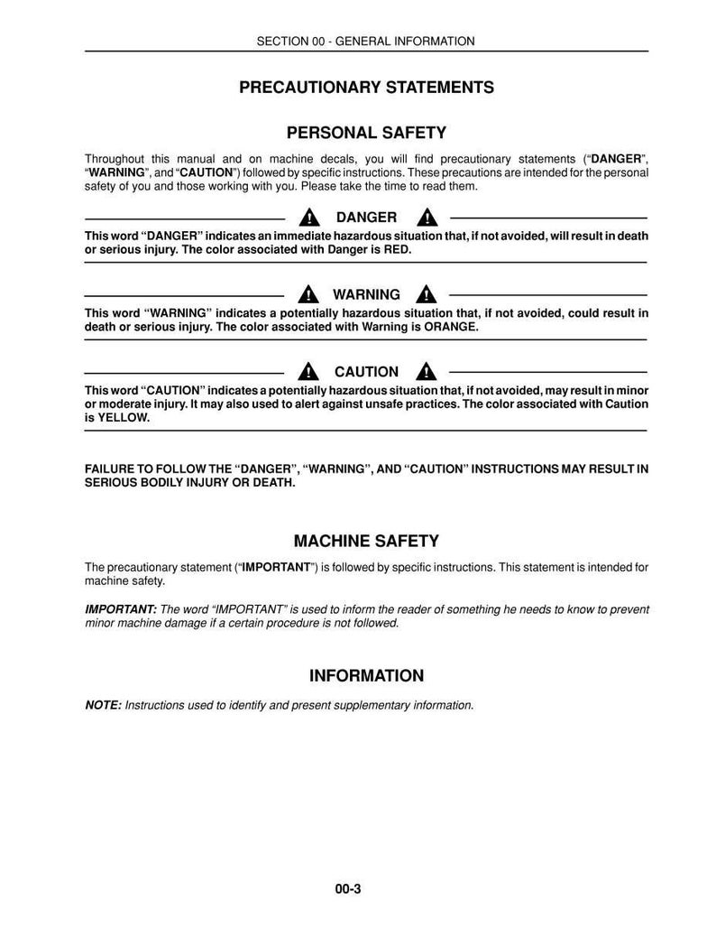 Pu&ograve; includere: Una pagina di un manuale che illustra le precauzioni di sicurezza. Include sezioni sulla sicurezza personale e delle macchine, con avvisi per "PERICOLO" (rosso), "AVVERTENZA" (arancione) e "ATTENZIONE" (giallo). Il testo sottolinea l'importanza di seguire le istruzioni.