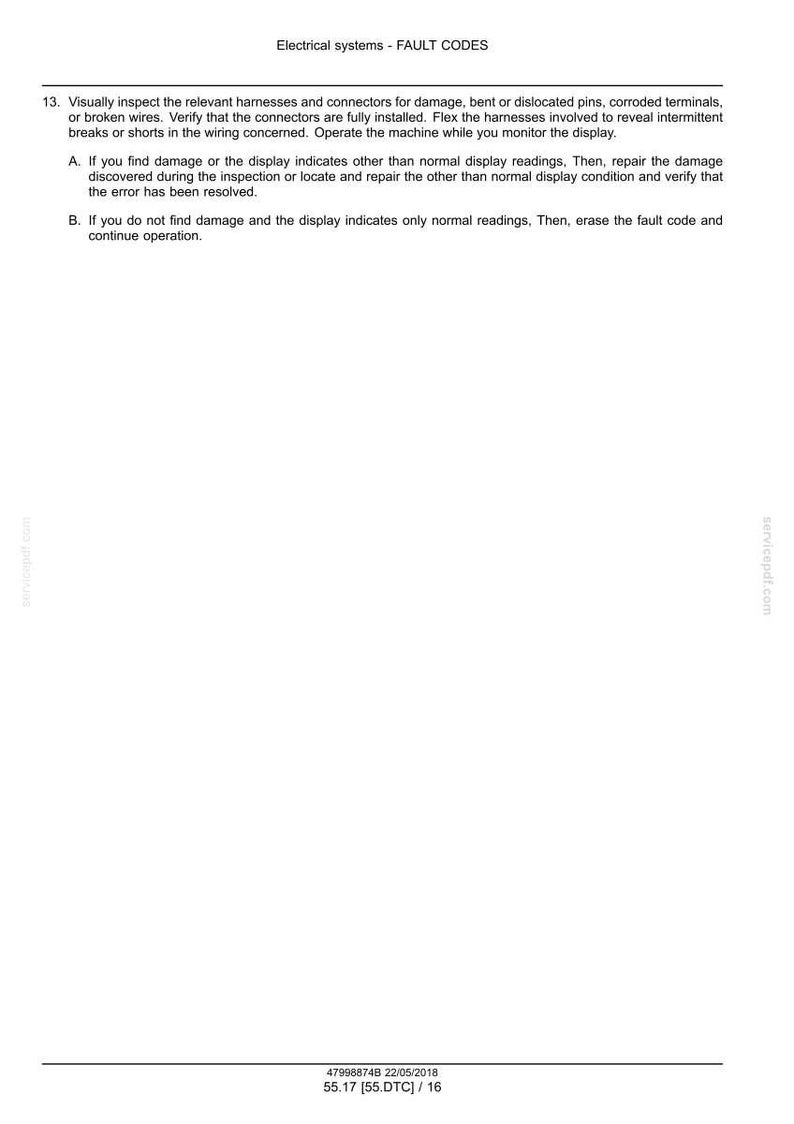 Puede incluir: Documento blanco con el t&iacute;tulo "Sistemas el&eacute;ctricos - C&Oacute;DIGOS DE FALLO" e instrucciones para inspeccionar mazos de cables y conectores. Incluye los pasos A y B para la soluci&oacute;n de problemas. El documento tiene un pie de p&aacute;gina con fecha y c&oacute;digo.