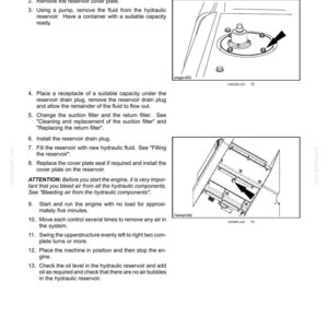 May include: A page from a maintenance manual showing instructions for replacing hydraulic fluid. The text details the steps, accompanied by diagrams of the components involved in the process. Includes safety warnings.