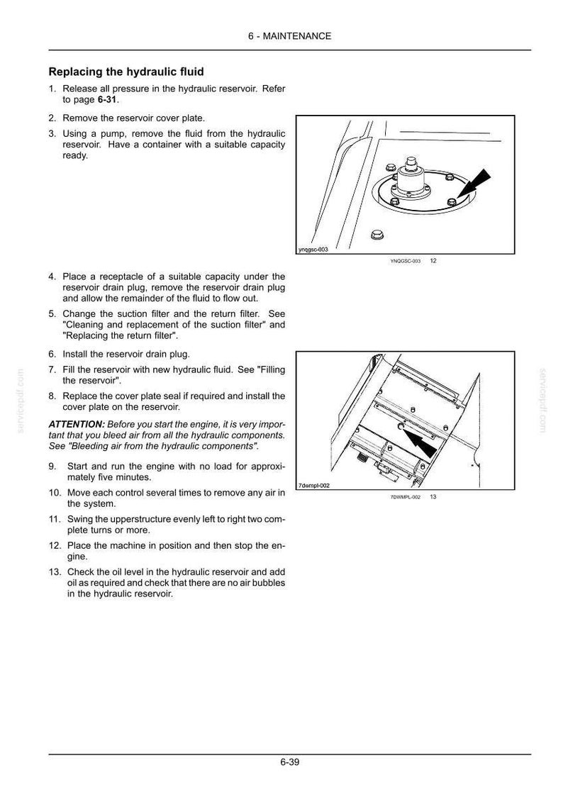 May include: A page from a maintenance manual showing instructions for replacing hydraulic fluid. The text details the steps, accompanied by diagrams of the components involved in the process. Includes safety warnings.
