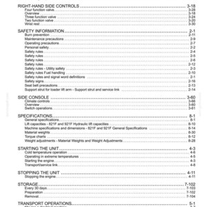 Puede incluir: Una detallada tabla de contenidos de un manual, con secciones sobre transporte de recuperaci&oacute;n, informaci&oacute;n de seguridad y especificaciones. Texto negro sobre fondo blanco.