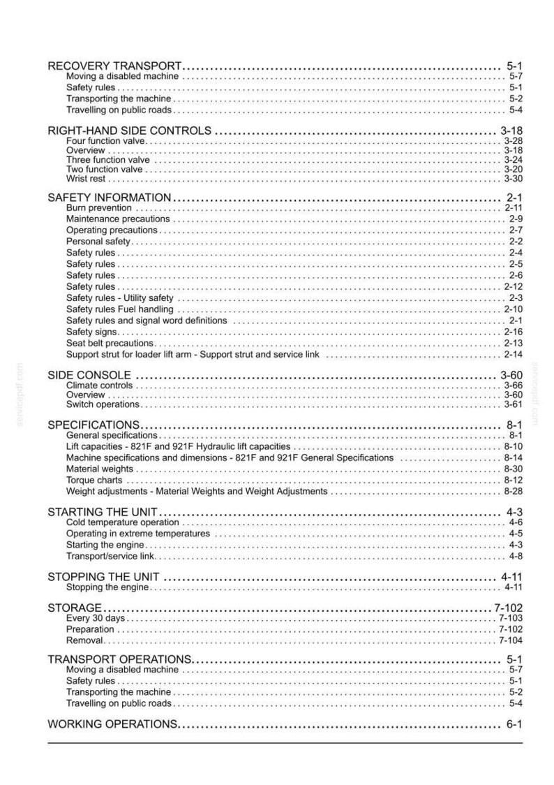 Puede incluir: Una detallada tabla de contenidos de un manual, con secciones sobre transporte de recuperaci&oacute;n, informaci&oacute;n de seguridad y especificaciones. Texto negro sobre fondo blanco.