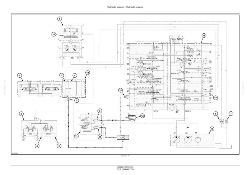 K&ouml;nnte beinhalten: Eine detaillierte technische Zeichnung eines Hydrauliksystems, in Schwarzwei&szlig;. Das Diagramm enth&auml;lt verschiedene Komponenten, Leitungen und Beschriftungen, mit dem Titel "Hydraulic systems - Hydraulic systems" oben.