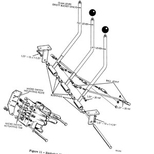 May include: An exploded view diagram of control levers, featuring a clam lever, tilt lever, and lift lever. The diagram includes labels for bushings, ball joints, and micro switch components. The text "Figure 11 - Exploded View of Control Levers" is also present.