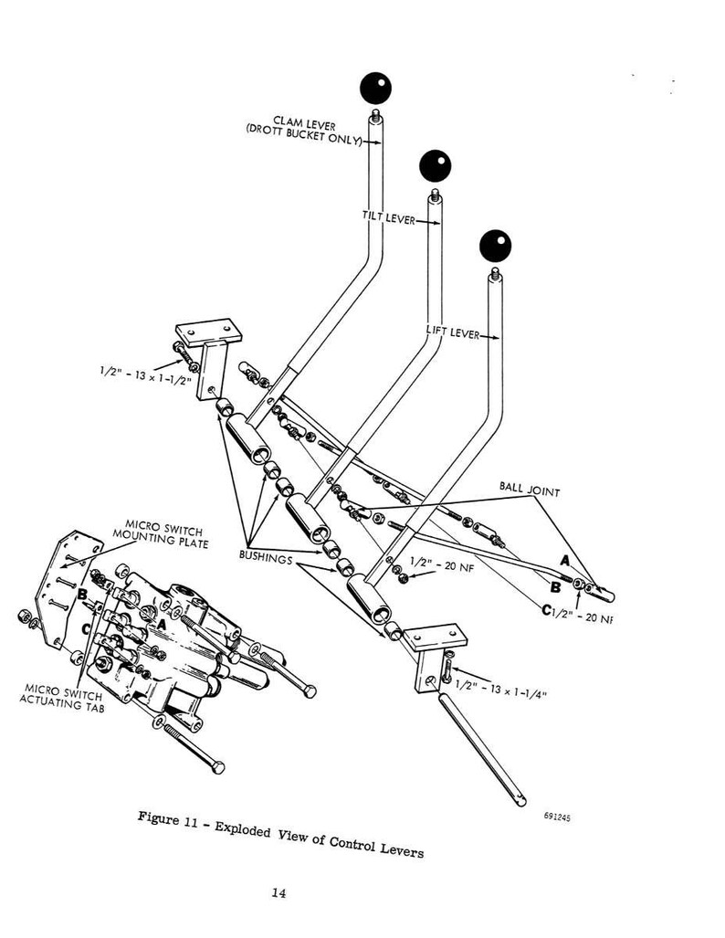 May include: An exploded view diagram of control levers, featuring a clam lever, tilt lever, and lift lever. The diagram includes labels for bushings, ball joints, and micro switch components. The text "Figure 11 - Exploded View of Control Levers" is also present.