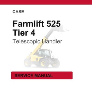 Peut inclure: Un chariot t&eacute;lescopique FarmLift 525 Tier 4 jaune et noir, avec les mots "CASE" en haut et "SERVICE MANUAL" dans un encadr&eacute; rouge en bas. L'image est sur fond blanc.
