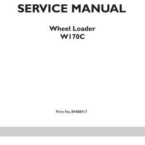 K&ouml;nnte beinhalten: Ein wei&szlig;es Wartungshandbuch-Cover f&uuml;r einen New Holland Construction W170C Radlader. Der Text lautet SERVICE MANUAL, Wheel Loader W170C, Print No. 84488417, und enth&auml;lt das New Holland Construction Logo in der unteren Mitte der Seite.