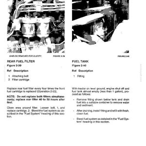 May include: A technical manual page titled LUBRICATION AND MAINTENANCE 800 HOUR / 12 MONTH SERVICE. It features two black and white photographs labeled Figure 2-39 showing a rear fuel filter and Figure 2-40 showing a fuel tank with maintenance instructions.