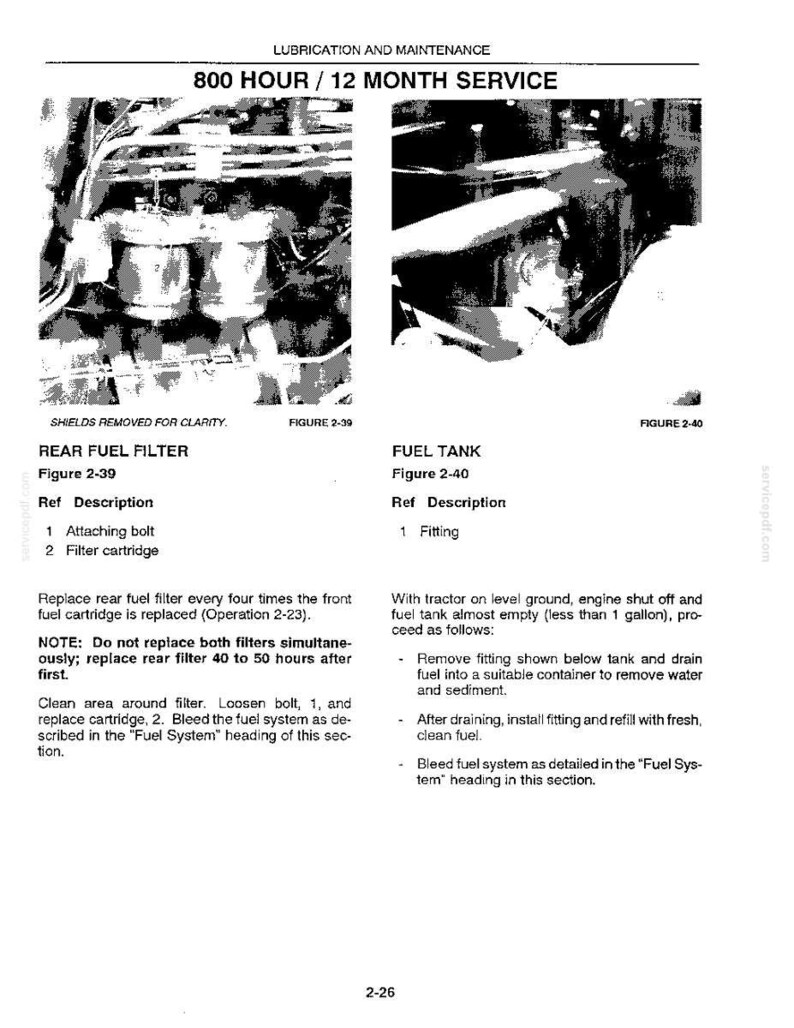 May include: A technical manual page titled LUBRICATION AND MAINTENANCE 800 HOUR / 12 MONTH SERVICE. It features two black and white photographs labeled Figure 2-39 showing a rear fuel filter and Figure 2-40 showing a fuel tank with maintenance instructions.