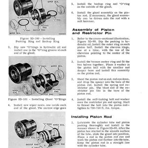 May include: Diagrams illustrating the installation of packing rings, backup rings, O-rings, and wiper seals within a gland assembly. The diagrams include labels and instructions for each step, with measurements in ft. lbs. torque.