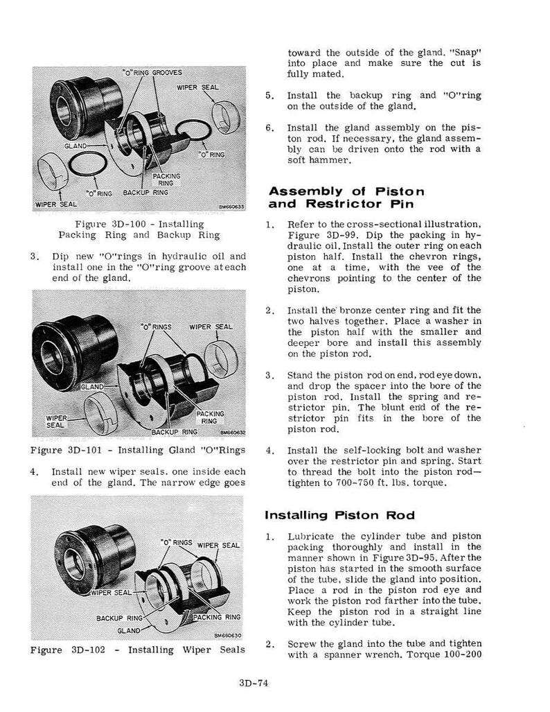 May include: Diagrams illustrating the installation of packing rings, backup rings, O-rings, and wiper seals within a gland assembly. The diagrams include labels and instructions for each step, with measurements in ft. lbs. torque.