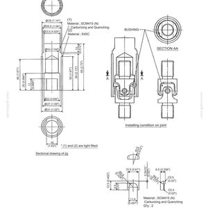 May include: A technical engineering diagram labeled 33. UPPER STRUCTURE 33.2.3.7 JIG, showing a jig for removing and installing a joint. The black and white line drawing includes detailed cross-sectional views, dimensions in inches and mm, and material specifications.