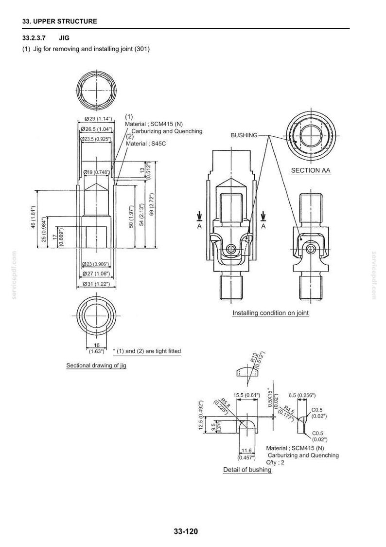 May include: A technical engineering diagram labeled 33. UPPER STRUCTURE 33.2.3.7 JIG, showing a jig for removing and installing a joint. The black and white line drawing includes detailed cross-sectional views, dimensions in inches and mm, and material specifications.