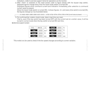 Puede incluir: Documento t&eacute;cnico sobre el 'Modo de comprobaci&oacute;n de la velocidad real del ventilador'. Incluye instrucciones y una tabla con datos relacionados con el funcionamiento del ventilador. La tabla muestra valores para Eng, Coolnt y Fan, con mediciones en grados Celsius y miliamperios.