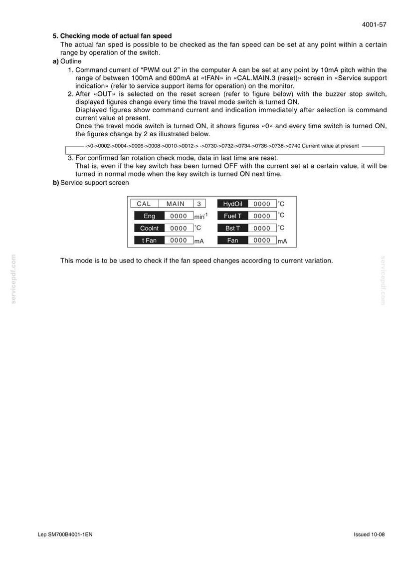 Puede incluir: Documento t&eacute;cnico sobre el 'Modo de comprobaci&oacute;n de la velocidad real del ventilador'. Incluye instrucciones y una tabla con datos relacionados con el funcionamiento del ventilador. La tabla muestra valores para Eng, Coolnt y Fan, con mediciones en grados Celsius y miliamperios.