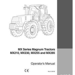 Puede incluir: Dibujo lineal de un tractor con neum&aacute;ticos grandes, una cabina y una rejilla delantera. El texto "MX Series Magnum Tractors" y los n&uacute;meros de modelo est&aacute;n encima de "Operator's Manual". El logotipo de Case IH est&aacute; en la esquina inferior derecha.