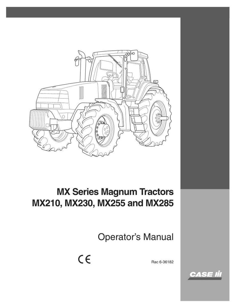 Puede incluir: Dibujo lineal de un tractor con neum&aacute;ticos grandes, una cabina y una rejilla delantera. El texto "MX Series Magnum Tractors" y los n&uacute;meros de modelo est&aacute;n encima de "Operator's Manual". El logotipo de Case IH est&aacute; en la esquina inferior derecha.
