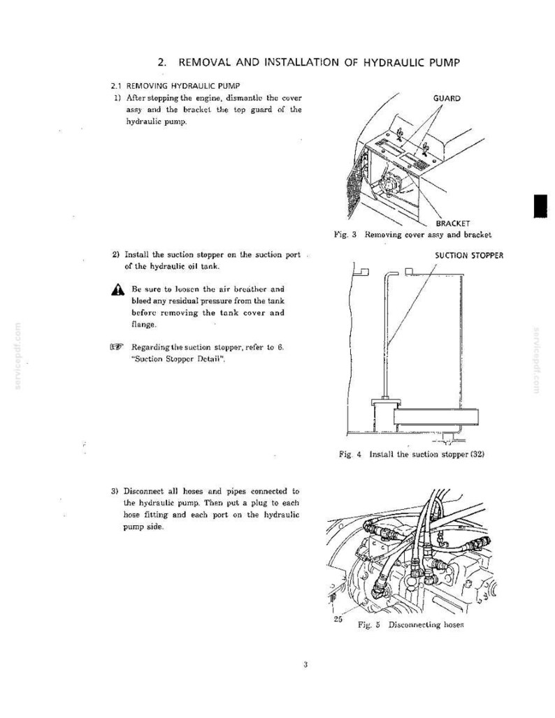 May include: A technical manual page titled Removal and Installation of Hydraulic Pump, featuring black and white line drawings labeled Fig 3, Fig 4, and Fig 5. The text provides instructions for removing the cover, bracket, and suction stopper.
