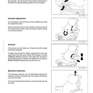 Puede incluir: Una p&aacute;gina de manual t&eacute;cnico titulada 3-CONTROLS AND INSTRUMENTS que muestra cuatro dibujos lineales en blanco y negro de un asiento de veh&iacute;culo. Los diagramas ilustran el ajuste de profundidad, inclinaci&oacute;n del apoyabrazos, altura y extensi&oacute;n del respaldo.