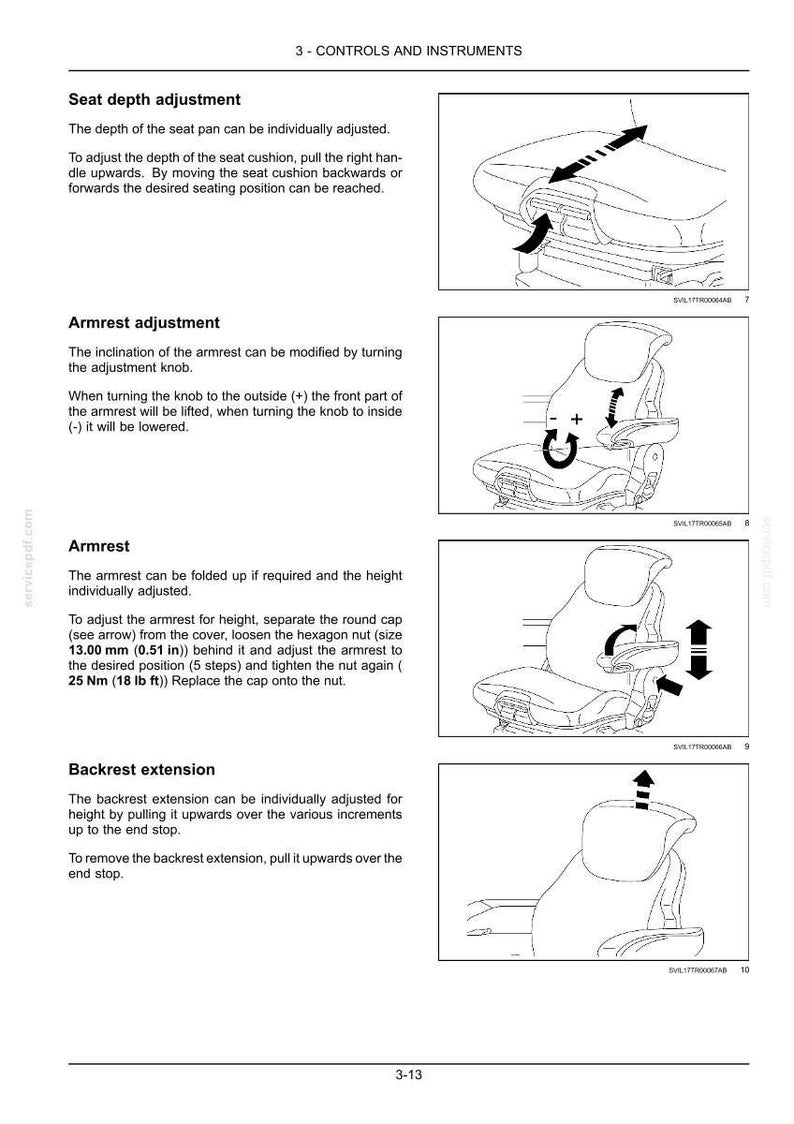 Puede incluir: Una p&aacute;gina de manual t&eacute;cnico titulada 3-CONTROLS AND INSTRUMENTS que muestra cuatro dibujos lineales en blanco y negro de un asiento de veh&iacute;culo. Los diagramas ilustran el ajuste de profundidad, inclinaci&oacute;n del apoyabrazos, altura y extensi&oacute;n del respaldo.
