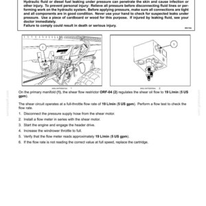 May include: Diagram of a hydraulic system control valve, ORF-04 shear flow restrictor, with text instructions for a flow test. Includes warnings about escaping fluid and potential injury. The shear oil flow is 5 US gpm.