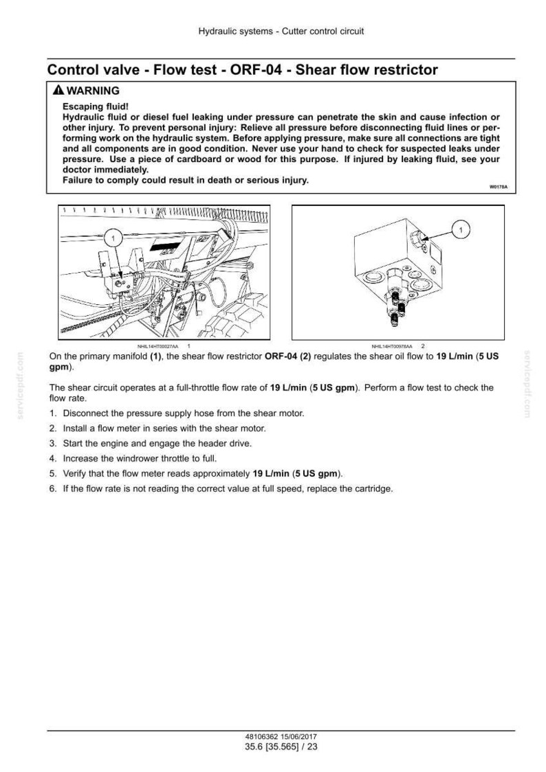 May include: Diagram of a hydraulic system control valve, ORF-04 shear flow restrictor, with text instructions for a flow test. Includes warnings about escaping fluid and potential injury. The shear oil flow is 5 US gpm.