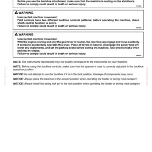 May include: A white document with black text detailing safety warnings for a backhoe. The text includes warnings about unexpected machine movement and instructions for safe operation, such as placing the backhoe in the stowed position.