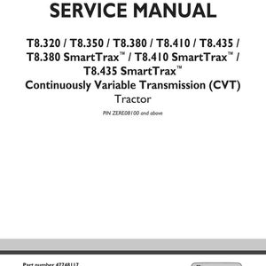 Op de afbeelding: Een witte servicehandleiding met zwarte tekst. De titel luidt "SERVICE MANUAL" boven modelnummers T8.320 tot T8.435, inclusief SmartTrax-modellen. Het specificeert "Continuously Variable Transmission (CVT) Tractor". De onderkant bevat het onderdeelnummer, de editie en de datum.