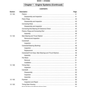 May include: A page from a manual titled "SECTION 10 - ENGINE" with a table of contents. The table lists engine components such as pistons, crankshaft, and timing gear, along with page numbers. The book's number is 1-87535062.