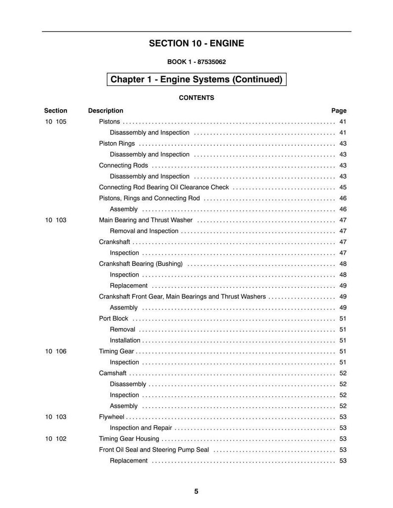 May include: A page from a manual titled "SECTION 10 - ENGINE" with a table of contents. The table lists engine components such as pistons, crankshaft, and timing gear, along with page numbers. The book's number is 1-87535062.