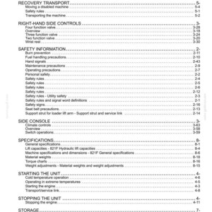 May include: A detailed table of contents from a manual, with various sections and page numbers. Topics include safety information, side console, specifications, and starting the unit. The text is black on a white background.