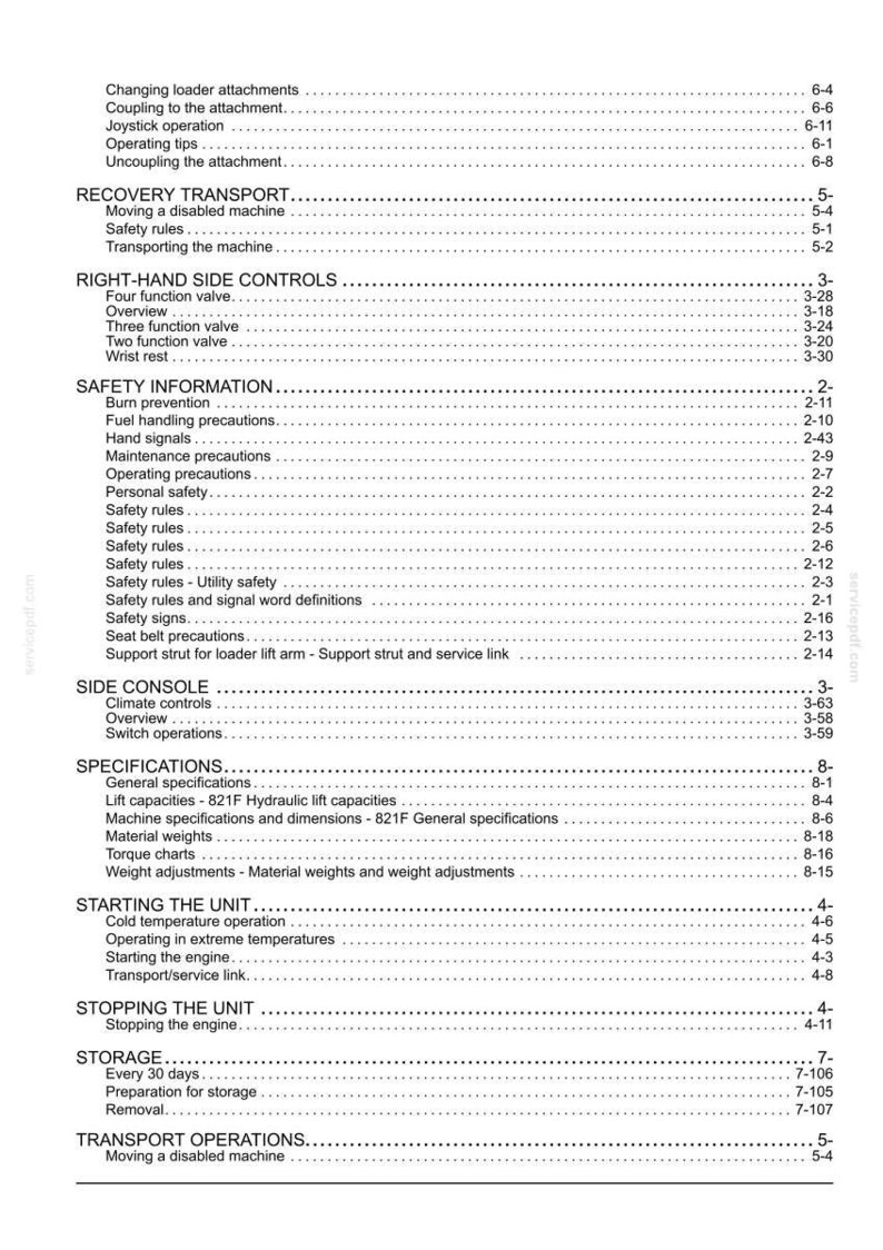 May include: A detailed table of contents from a manual, with various sections and page numbers. Topics include safety information, side console, specifications, and starting the unit. The text is black on a white background.
