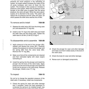 May include: Diagram of a relief valve with numbered components, including a plunger, spring, and valve body. Instructions for removal, installation, and inspection are provided. The image is from a lubrication system manual.