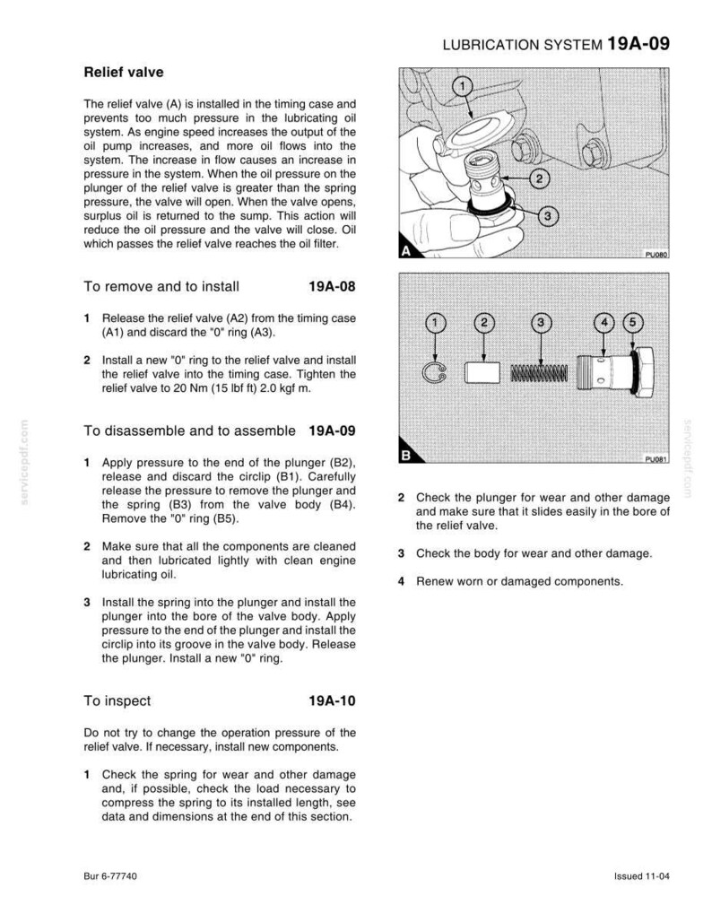 May include: Diagram of a relief valve with numbered components, including a plunger, spring, and valve body. Instructions for removal, installation, and inspection are provided. The image is from a lubrication system manual.
