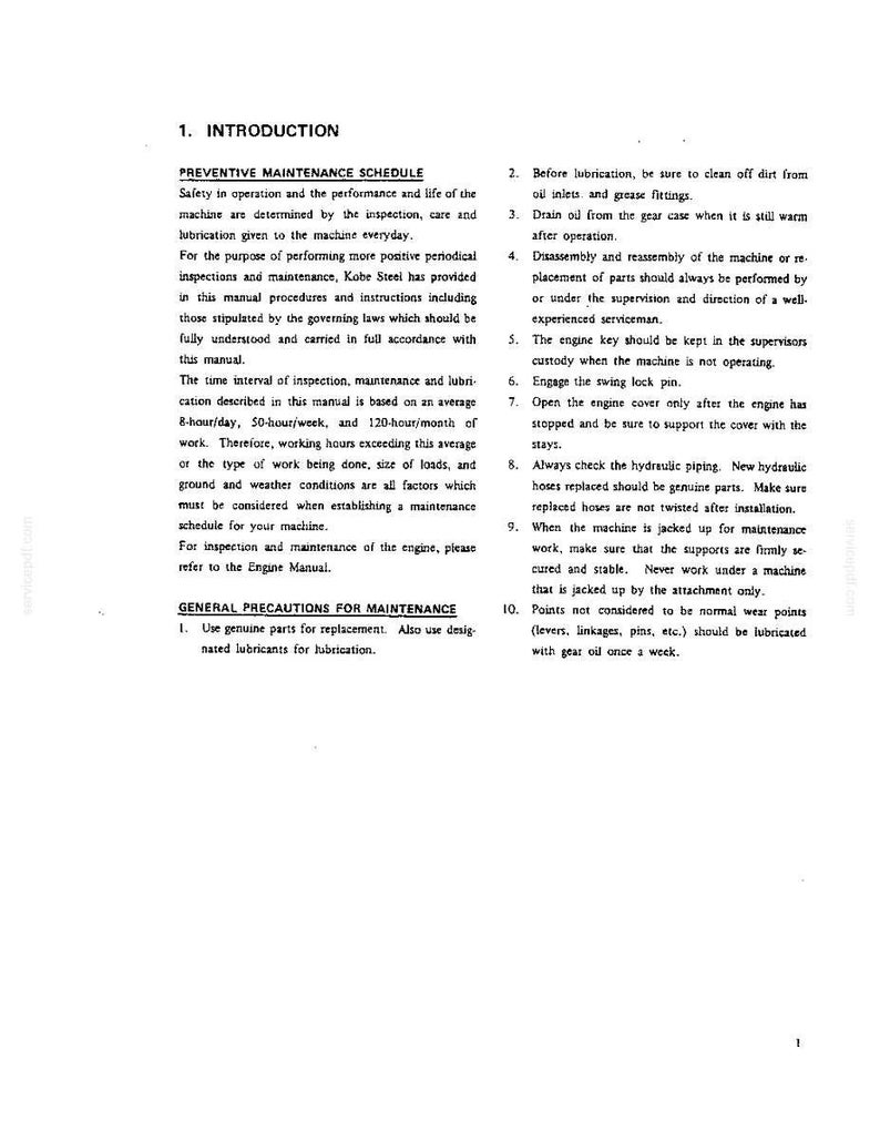 Puede incluir: Una p&aacute;gina de un manual t&eacute;cnico titulada 1. INTRODUCTION, que presenta un PROGRAMA DE MANTENIMIENTO PREVENTIVO y PRECAUCIONES GENERALES PARA EL MANTENIMIENTO. El texto detalla diez procedimientos numerados de seguridad y mantenimiento.