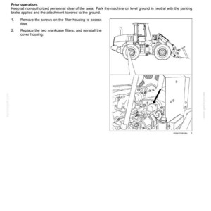 May include: Diagram from a maintenance manual showing a front-end loader and engine components. The text describes replacing the engine breather filter and crankcase filters. The image includes the text "7 - MAINTENANCE".