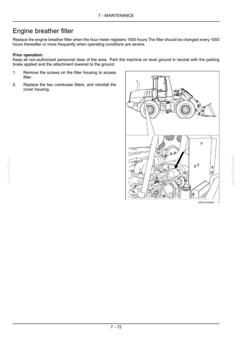 May include: Diagram from a maintenance manual showing a front-end loader and engine components. The text describes replacing the engine breather filter and crankcase filters. The image includes the text "7 - MAINTENANCE".