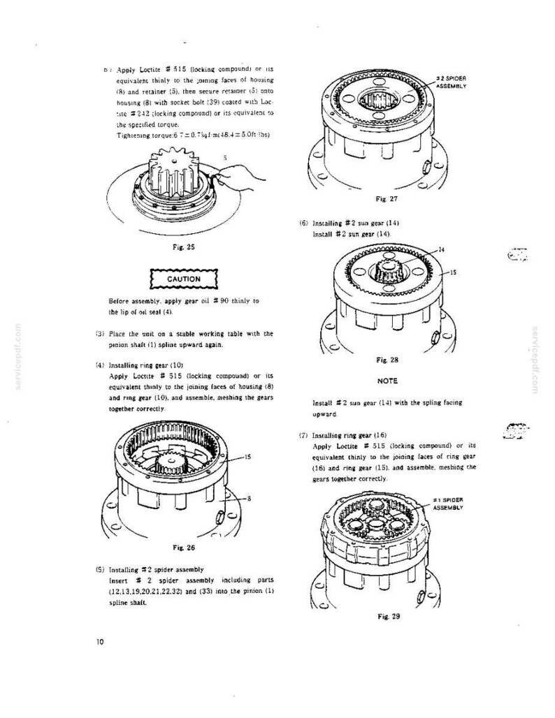 May include: A technical manual page featuring black and white line drawings of mechanical gear assembly steps, labeled Fig 25 through Fig 29. The diagrams illustrate the installation of a spider assembly, sun gear, and ring gear into a housing unit.