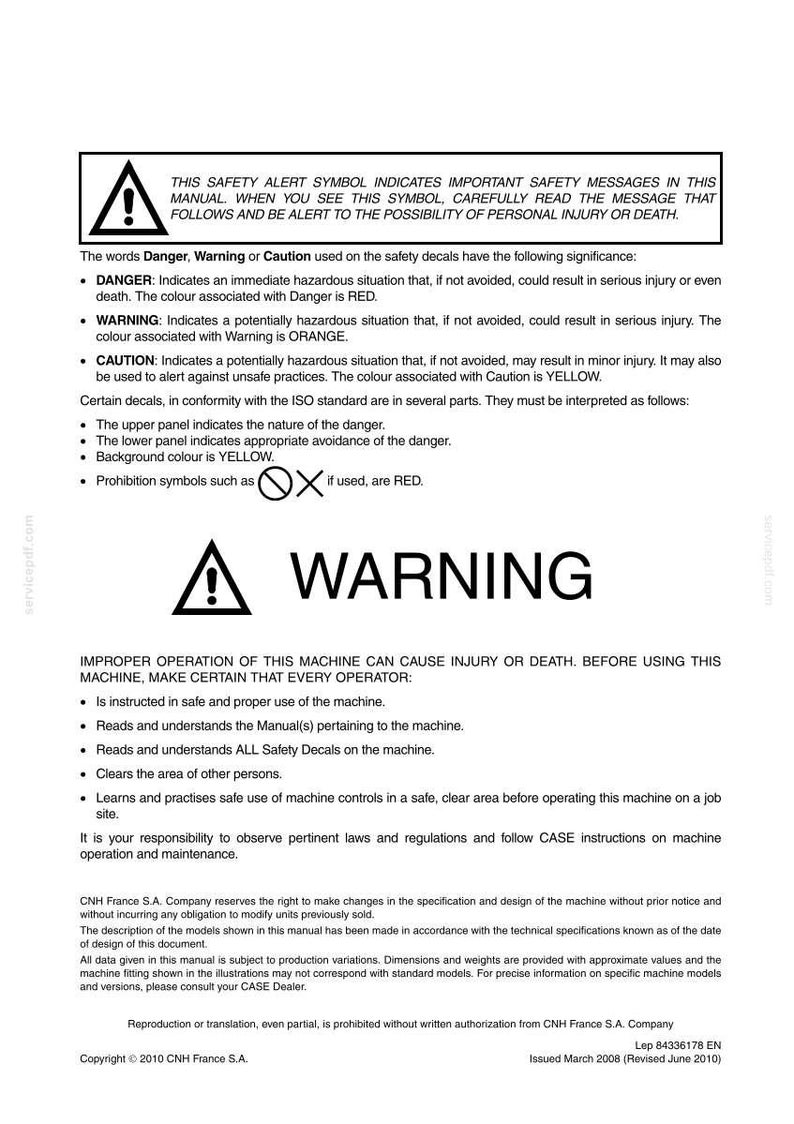 May include: A white document with black text, including safety warnings and instructions. The document features a warning symbol and explains the significance of safety alert symbols, such as "Danger," "Warning," and "Caution."
