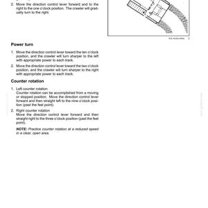 May include: A page titled 4 - OPERATING INSTRUCTIONS containing text and a diagram explaining how to steer a crawler. The instructions detail procedures for a gradual turn, power turn, and counter rotation, including specific lever positions.