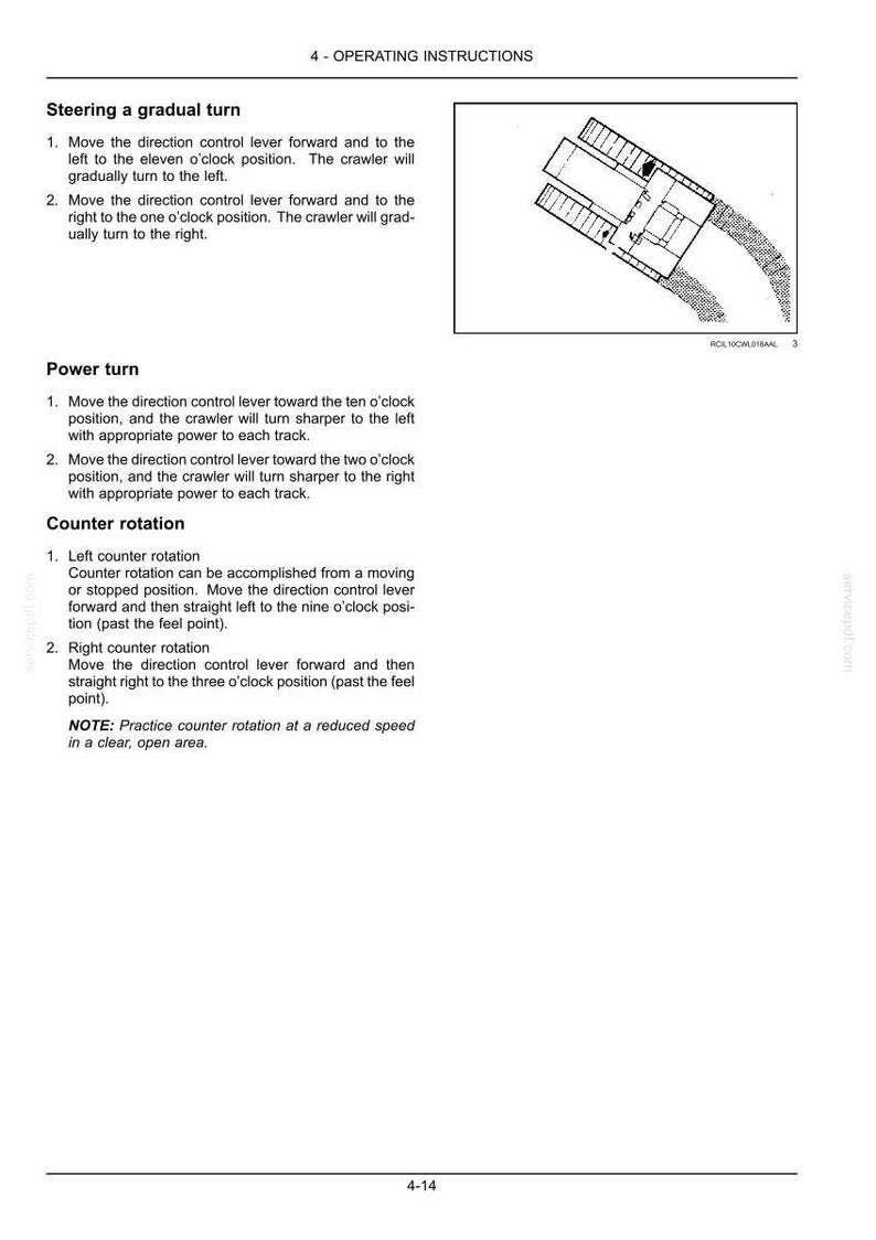 May include: A page titled 4 - OPERATING INSTRUCTIONS containing text and a diagram explaining how to steer a crawler. The instructions detail procedures for a gradual turn, power turn, and counter rotation, including specific lever positions.