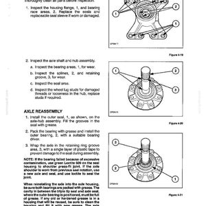 May include: A technical manual page titled Section 4 - Final Drive, Axles, Brakes, Gearboxes. It includes text instructions for parts inspection and axle reassembly, alongside three diagrams labeled Figure 4-19, 4-20, and 4-21 showing mechanical components.