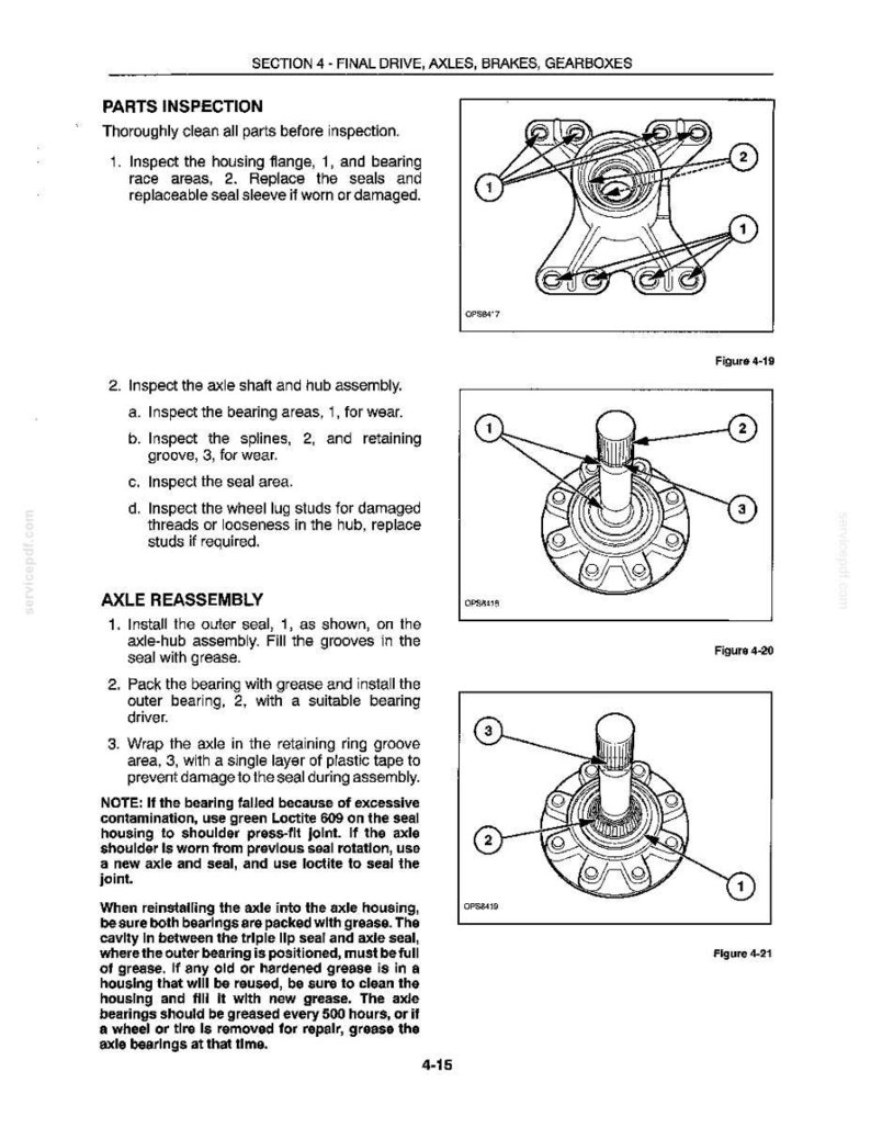 May include: A technical manual page titled Section 4 - Final Drive, Axles, Brakes, Gearboxes. It includes text instructions for parts inspection and axle reassembly, alongside three diagrams labeled Figure 4-19, 4-20, and 4-21 showing mechanical components.