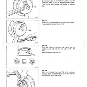 May include: Technical diagram from a manual showing steps for working on a traveling gearbox. The illustrations depict the use of tools like a special spanner and hammer. Measurements are provided in millimeters.